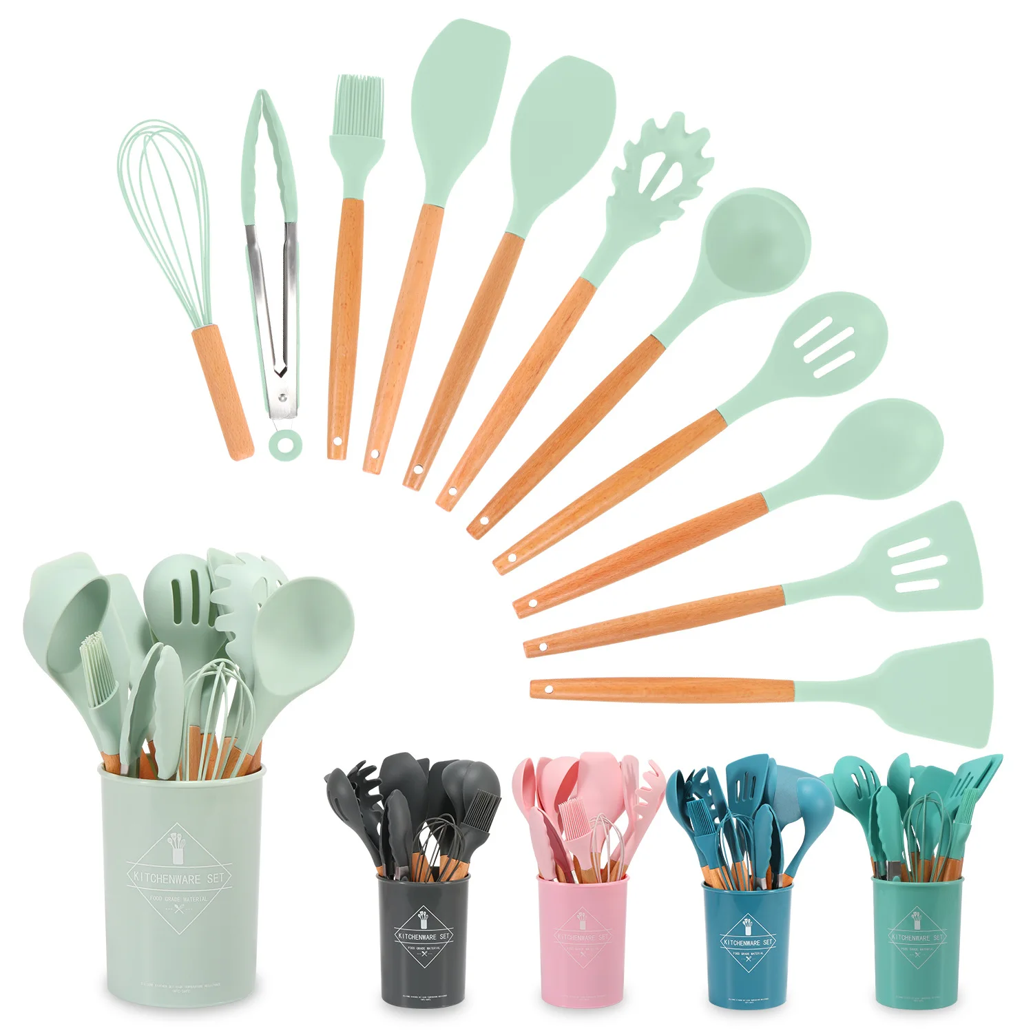 Colorful Silicone Cooking Utensils With Wooden Handle 12 Pieces Heat Resistant Silicone kitchen utensils Non-Stick Utensils Set