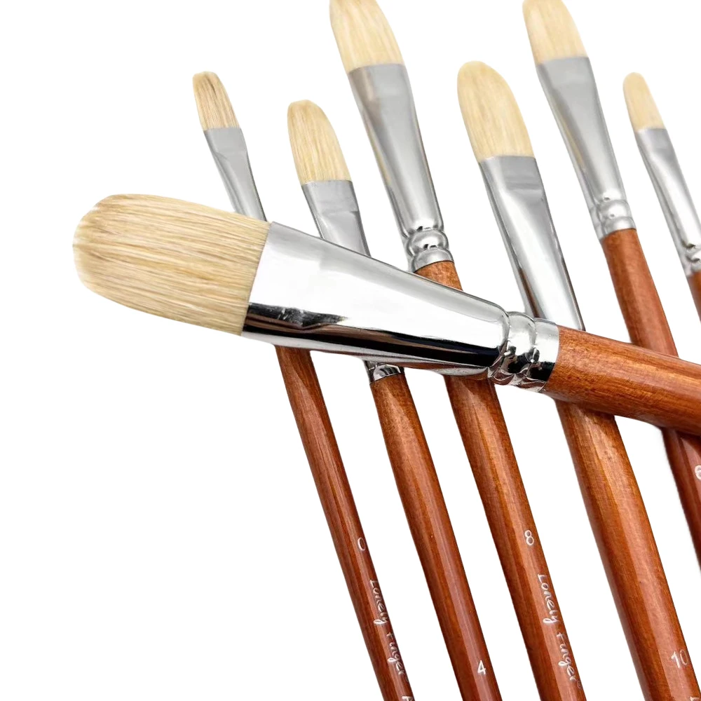 7pcs Professional Premium Bristle Paint Brushes Set, Long Handled Filbert Artist Brushes, 100% Natural Chungking Hog Bristle