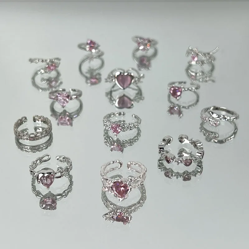 Розовые кольца в форме сердца Циркон с бриллиантами для женщин посеребренные милые Простые открытые женские на палец