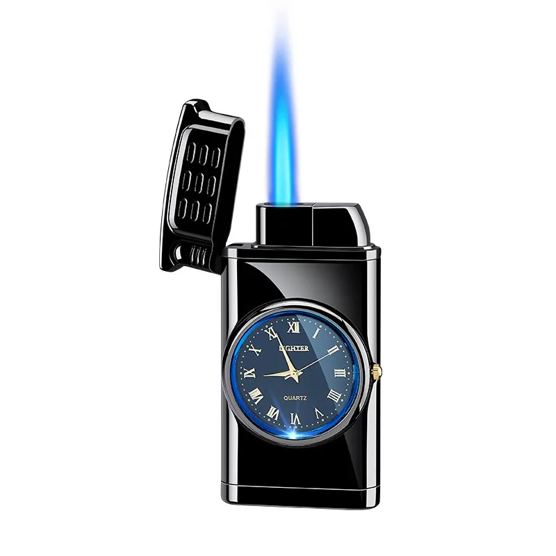 Fashion Design Blue Flame Lighter with Lighting Function Quartz Watch Dial Portable Commercial Cigarette Lighter for Gift