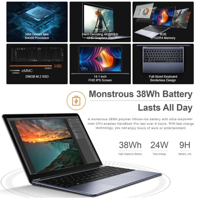 Original Chuwi Herobook Pro Laptops 14.1 inch RAM 8GB ROM 256GB Wins 10 Intel Gemini Lake N4000 Notebooks