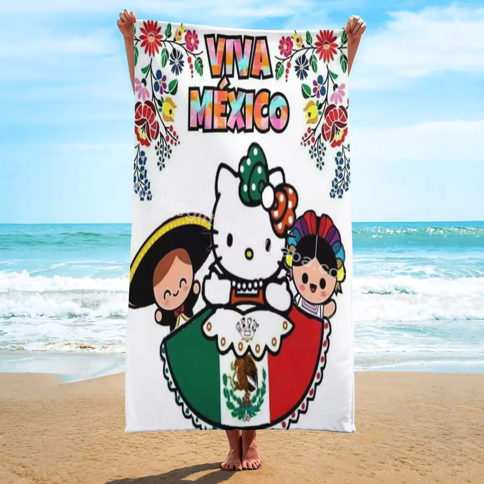 2024 Hot New VIVA Mexico Kitty Puerto Rico Flag Football Cat Printed Bath Towel Cartoon Square microfiber Quick Dry Beach Towel