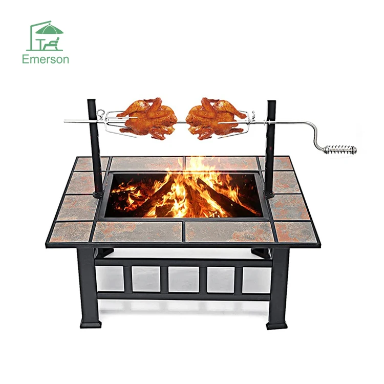 Square Metal Outdoor Fire Pit Table Wood Burning Fire Pit With Swivel Grill Axle For Patio Backyard Garden