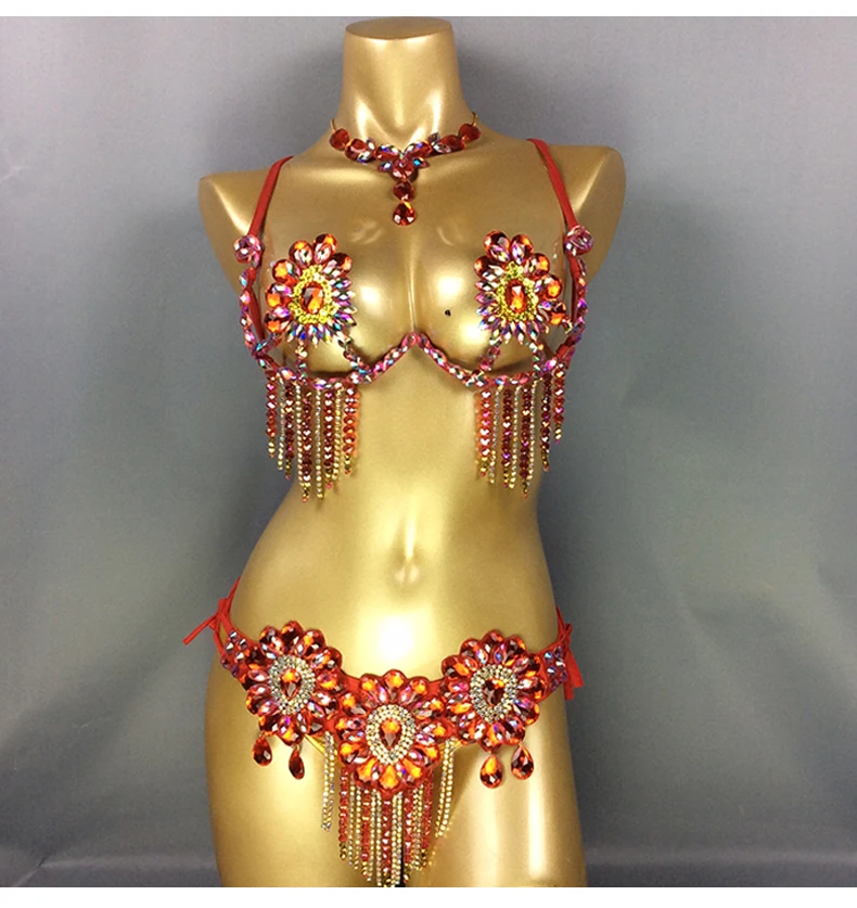 Sexy Women Belly Dance Samba Carnival  outfit  Women Wire Bra & Belt stones Stage show women singer bikini costume