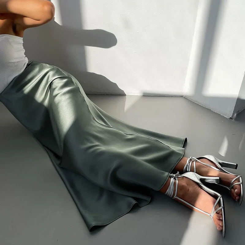 2022 Summer New Fashionable Female Casual Elegant Office Wear Pleated High Waist Midi Skirts Solid Satin Maxi Long Skirts Women