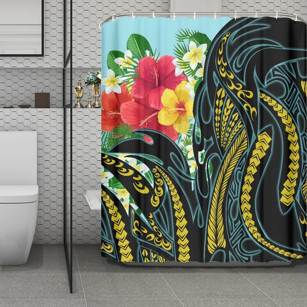 Hibiscus Floral Shower Curtain Polynesia Tribal Samoan Shower Curtains Custom Bathroom Sublimation Shower Curtains for Hotel