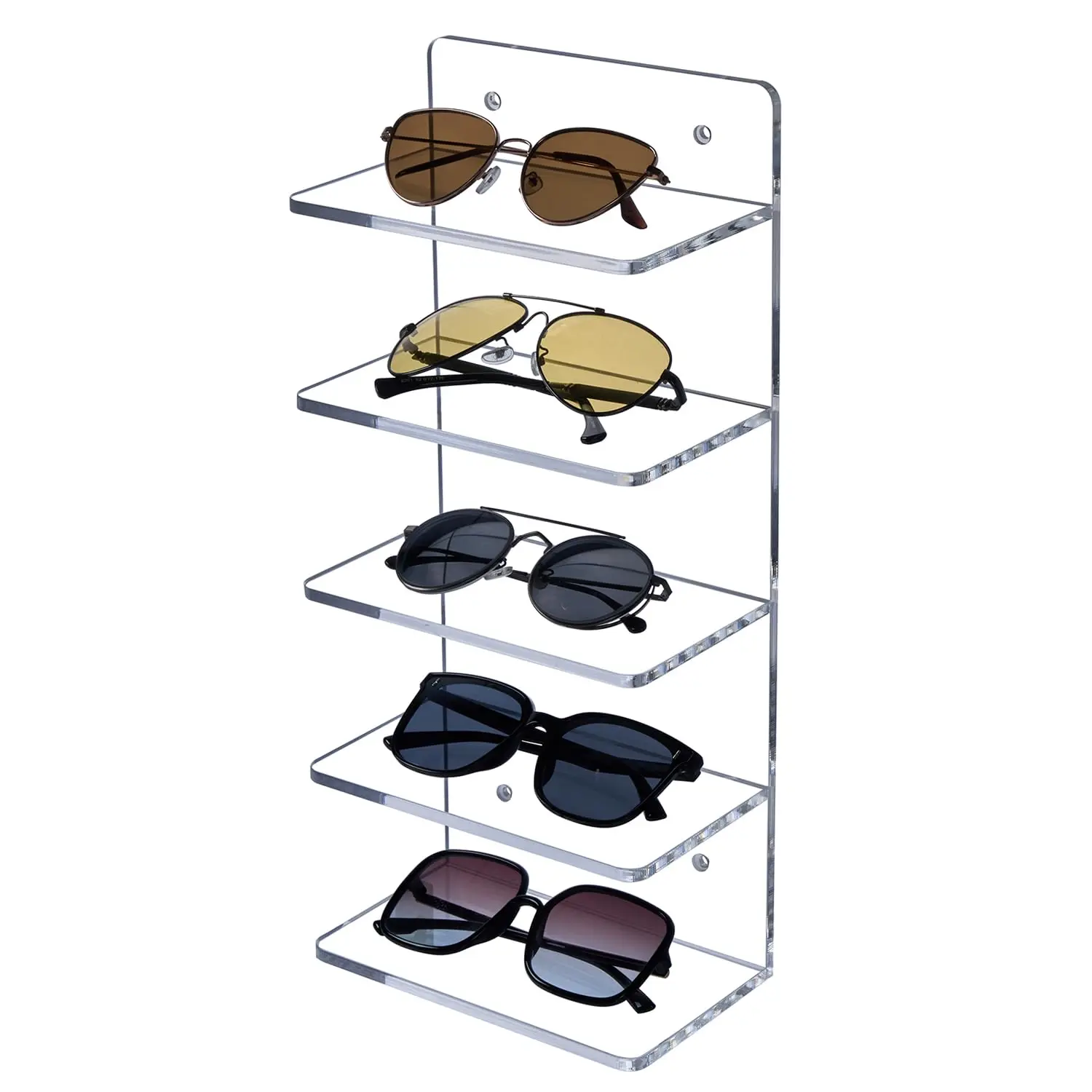 Premium 5-Tier Clear Acrylic Sunglasses Holder Rack Wall-Mounted Eye Glasses Shelf for Retail Eyewear Showcase Storage Organizer