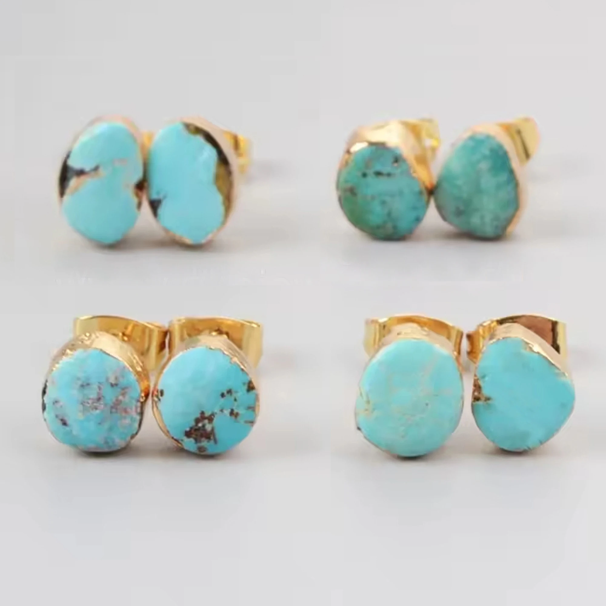 Позолоченные 925 стерлингового серебра Синий Бирюзовый натуральный камень серьги-гвоздики Женские подлинные бирюзовые украшения