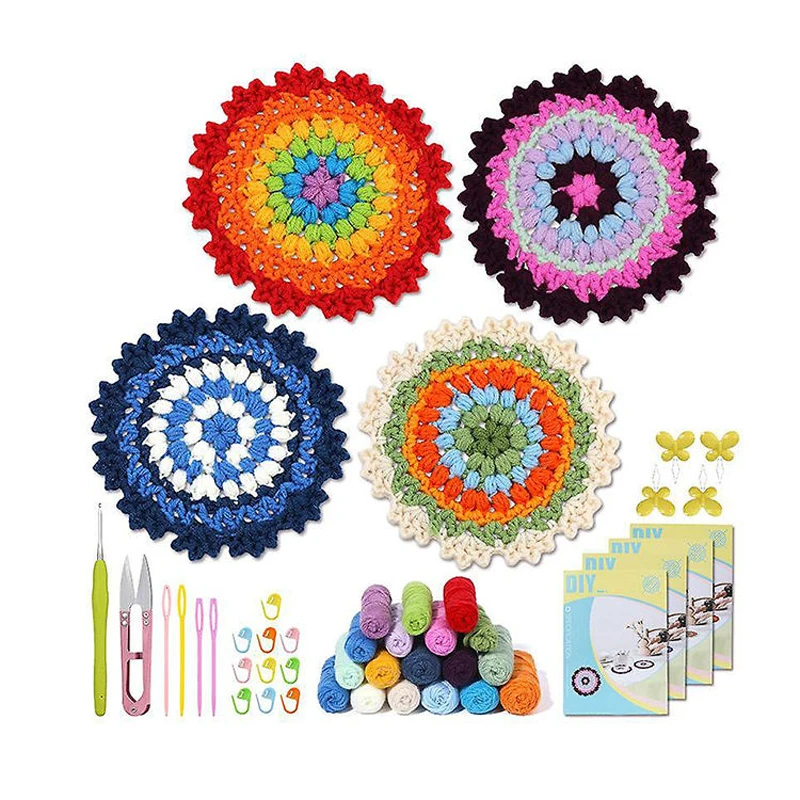 Beginner Crochet Starter Kit for Complete Beginners Adults Fun Soft Decorative Colorful flower coasters DIY Crochet Coaster sets