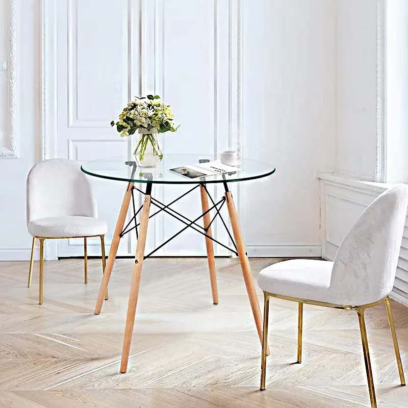 Whosale Clear Glass Round Dining Tables Hot Selling Different Sizes Glass Coffee Table Kitchen Table With Beech Legs