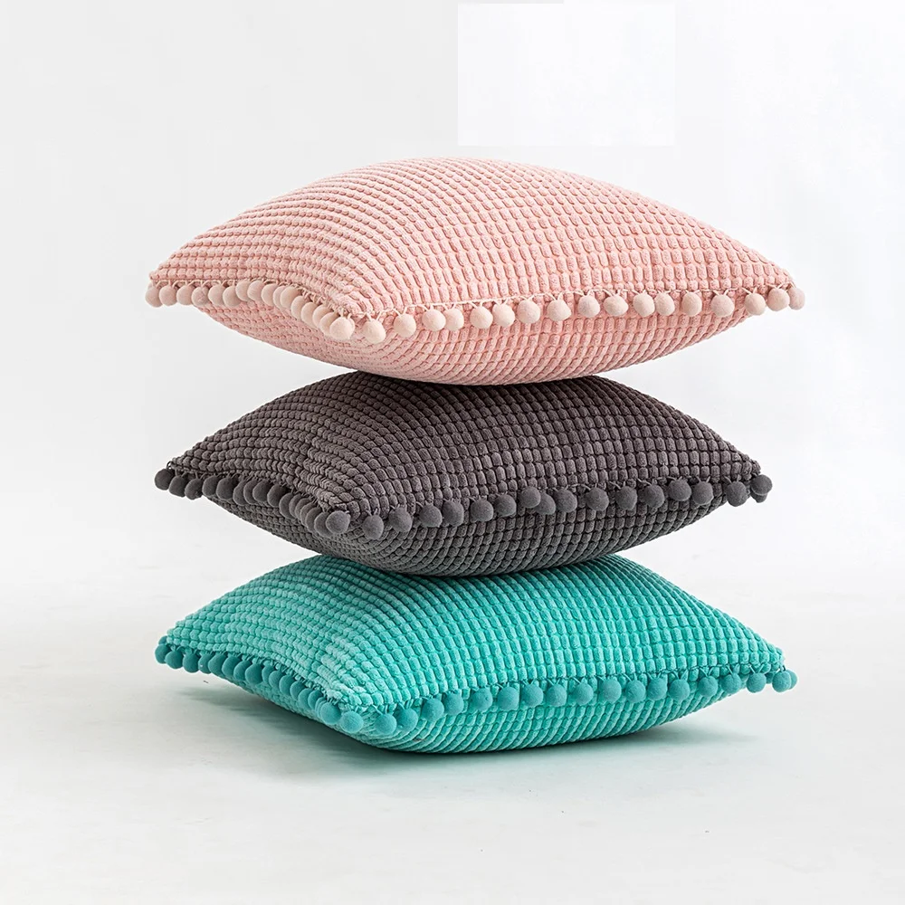 ins home fabric corn pom with ball living room sofa pillow cover modern solid color corduroy cushion pillow cover