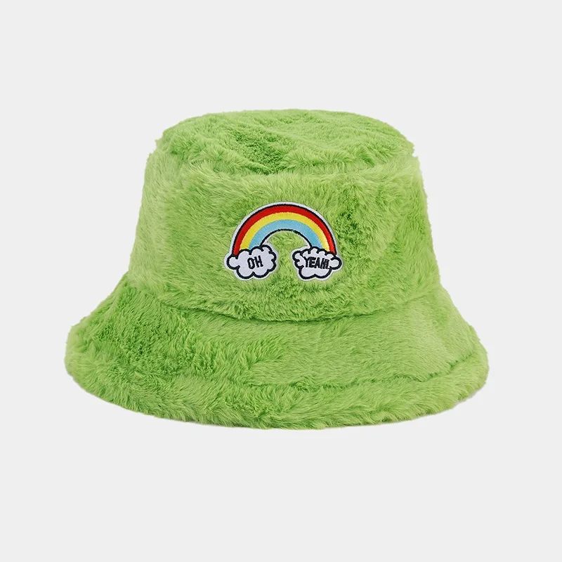 Autumn and winter outdoor fashion rainbow label plush warm bucket hat fluffy women fisherman hat