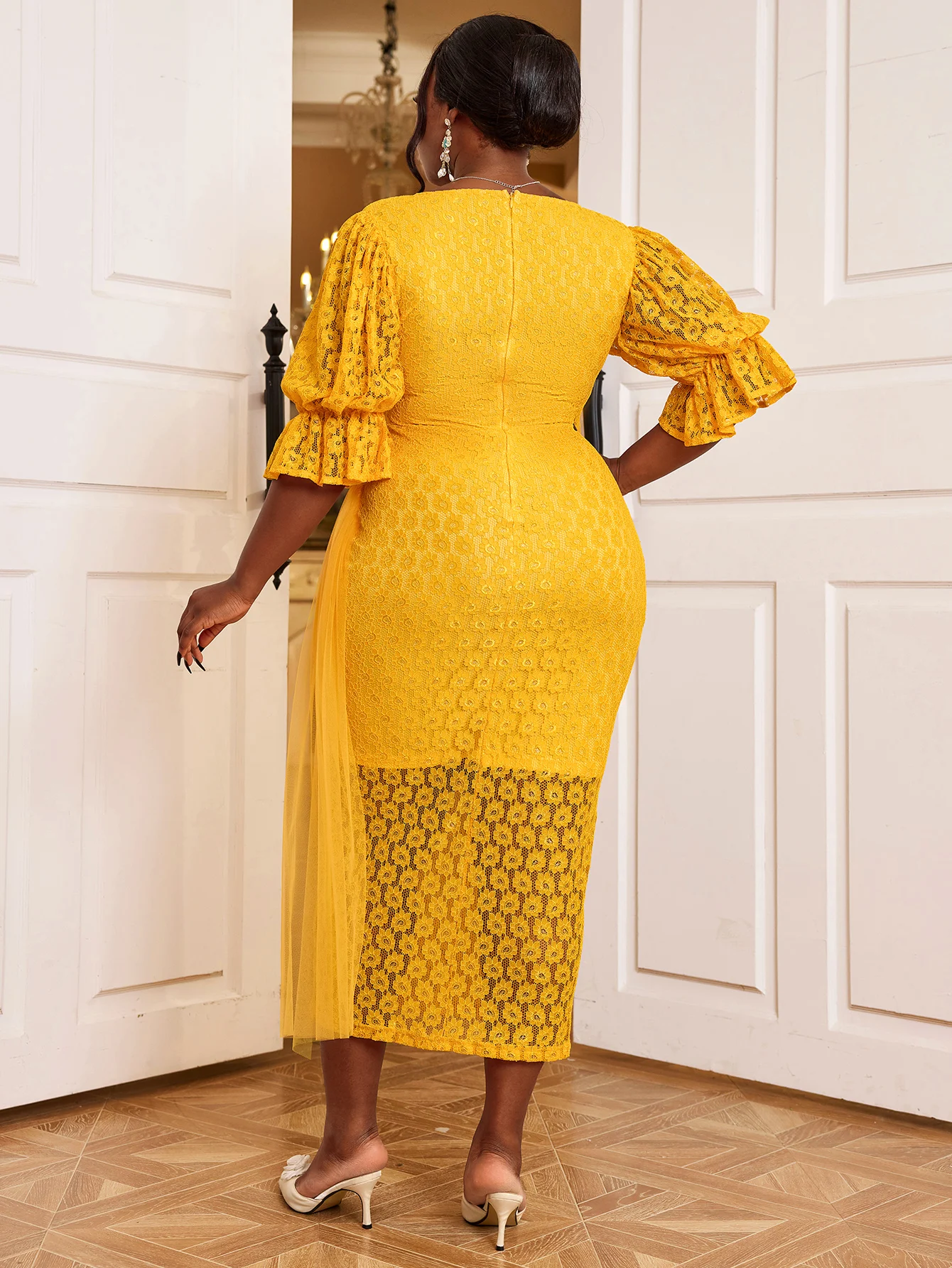 Bell Sleeve Mesh Belt Stretchable Lace Long Yellow Formal Evening Dress