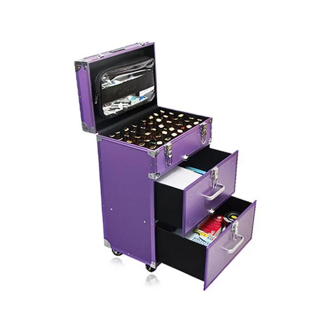 Aluminum Professional Cosmetic Makeup Suitcase Train Case with drawers and trolley  factory directly