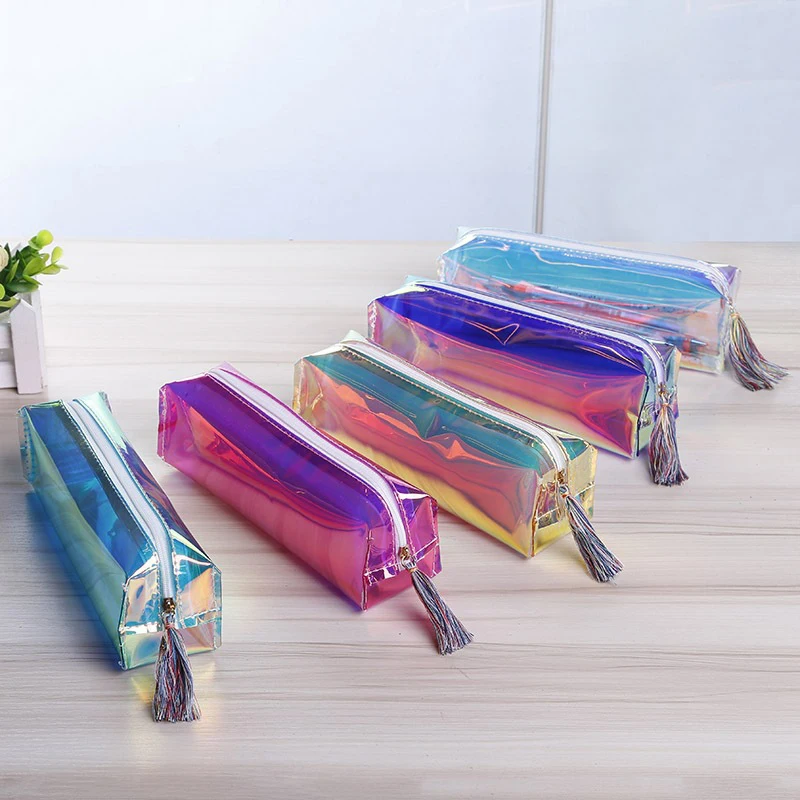 Custom Waterproof School Stationery Office Pencil Case Zipper Pen Pouch Women Travel Holographic Iridescent PVC Cosmetic Bag