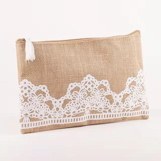 Set Cotton White Clear Canvas Suede Make Up Makeup Brush Jute Cosmetic Pouch Bag With Gold Zipper