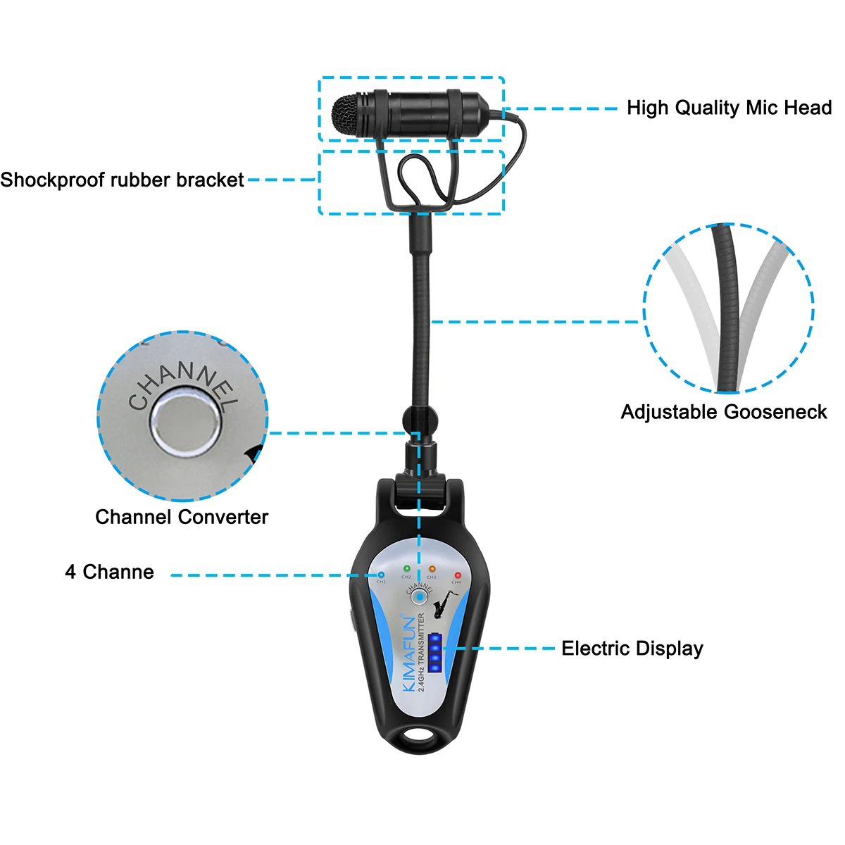 KIMAFUN KM-G306-3 2.4G Professional Instrument Wireless Saxophone Microphone for Saxophone Tuba Trumpet with MIXER Amplifier