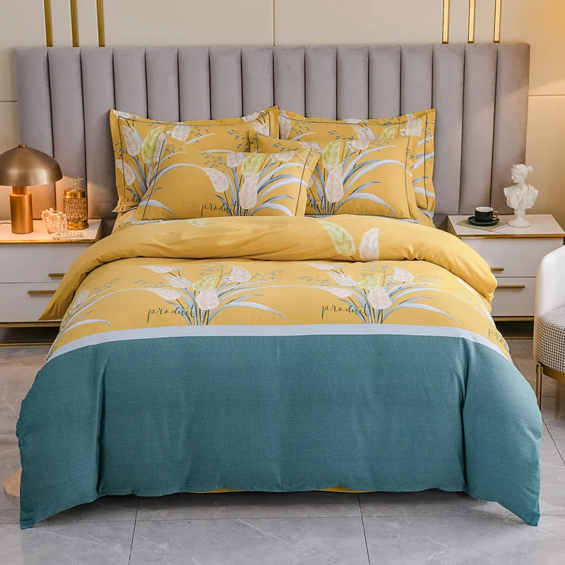 Autumn and winter thickened woolen cotton warm floral printing bed sheet and duvet cover set 4 pcs with pillowcase