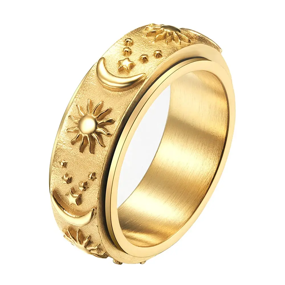 Titanium Fidget Spinner Golden Ring Anxiety Relieving Stress Anxiety 8mm Wide Carved Ring Sun Moon Stars Rings for Men and Women