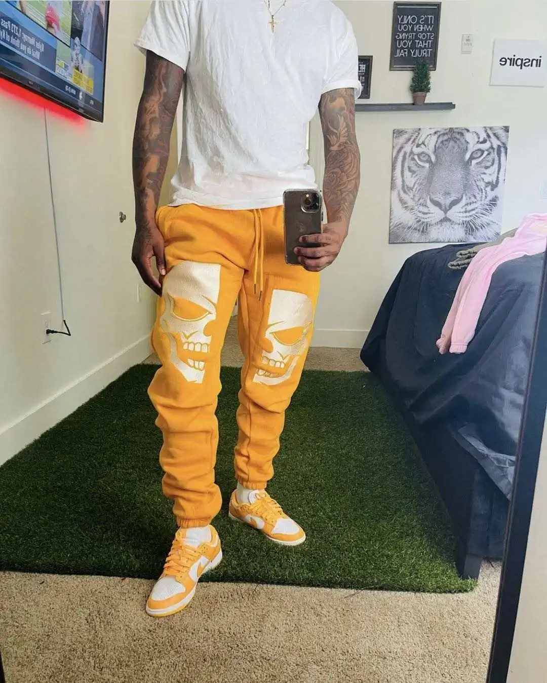 QYOURECLO Custom Logo Straight Skull Print Loose Sweatpants Graphic Track Men Stacked Sweat Pants