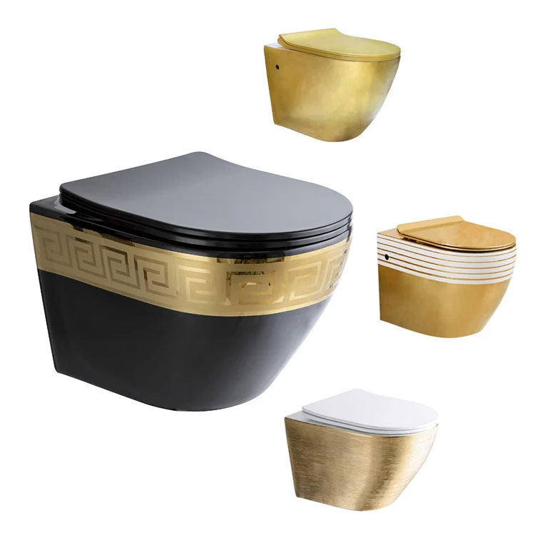 Luxury golden plated sanitary ware bathroom wall mount hanging wc ceramic black and gold wall hung toilet