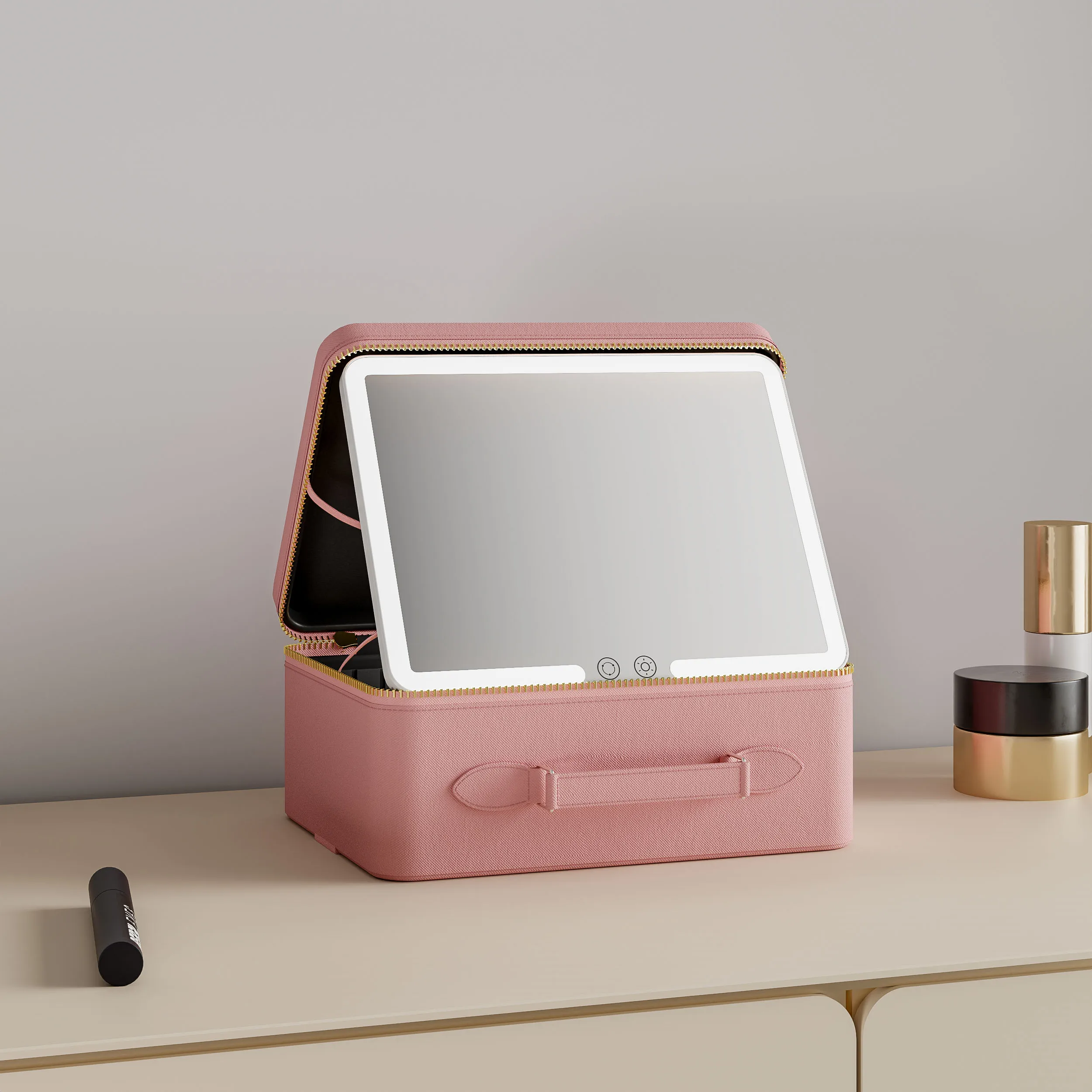 Custom Logo Make Up Cosmetic Lighted Storage Box Pu Leather Portable Travel Makeup Bag Case With Led Light Mirror