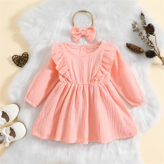 Autumn Casual Outfits Cotton Linen Solid Ruffle Long Sleeves A-Line  Headband Toddler Girls Toddler Suspender Skirt