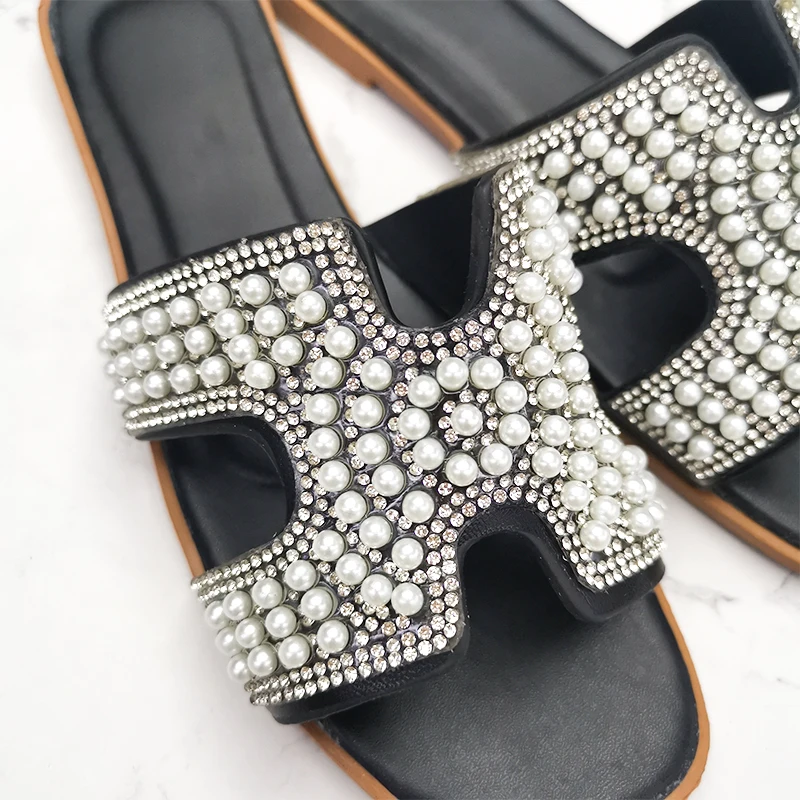 Women Flat Shoes Elegant Pearl H Belt Slide Slipper Sandal Floral Outdoor Cheap Beach Slipper Women Slippers