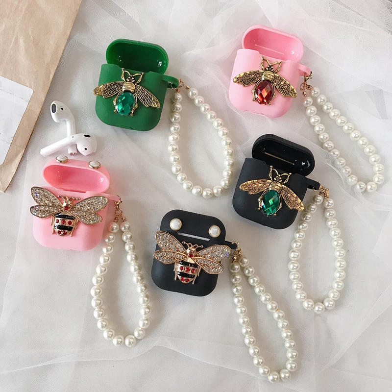 Luxury Brand 3D Diamond Bee Pearl Bracelet Silicone Headphone Earphone Case For Apple Airpods 1 2  Accessories cute cover Bag