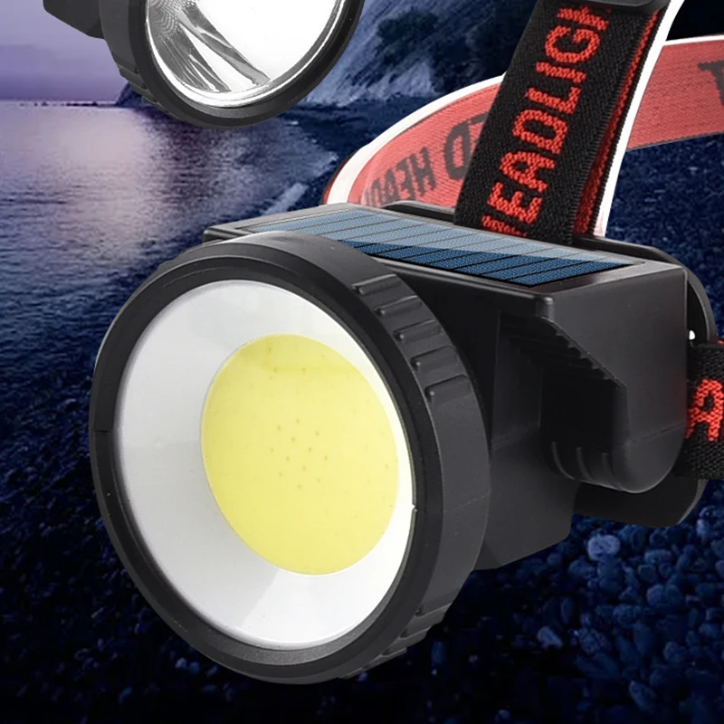 Dual light source cob flood solar panel headlamp usb rechargeable led head lamp torch headlamp