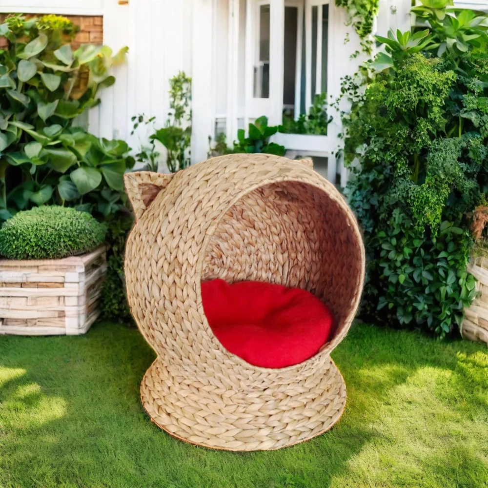 Eco-Friendly Water Hyacinth Pet Bed Iron Frame with Fish Bone Weave and Red White Cushion for Resting Pet Animals