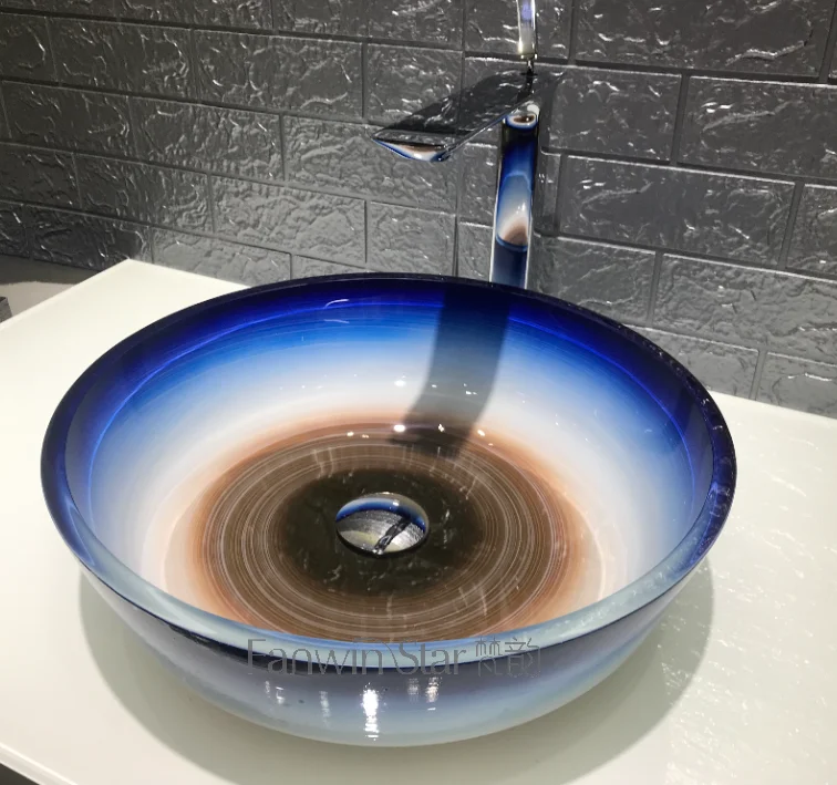 High-End Customize  wash basin round glass vessel bathroom ceramic sink blue and white