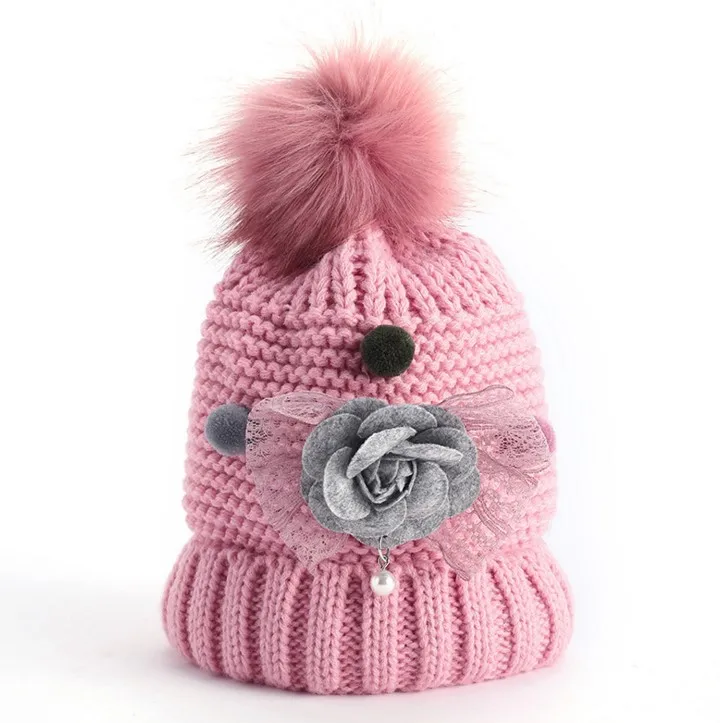 Baby Girls Knitted Hat Scarf Set Boys Kids Warm  Faux Fur Pom Crochet Skull Cap Beanie Hats