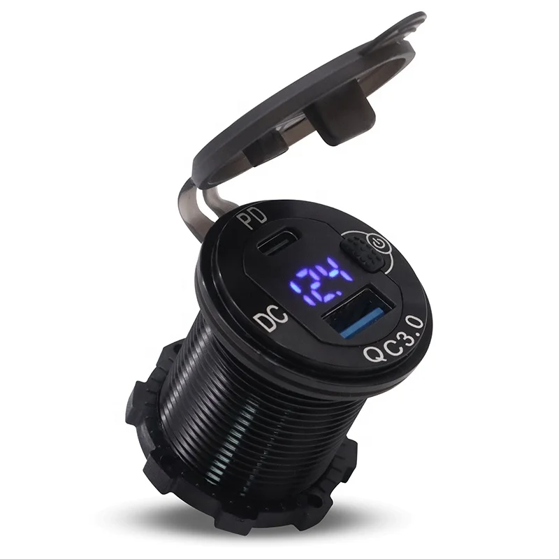 WattBons Aluminium 2 Ports QC 3.0 USB Fast Charger and Type C PD Car USB Charger With Voltmeter And Power Switch for Car Boat RV