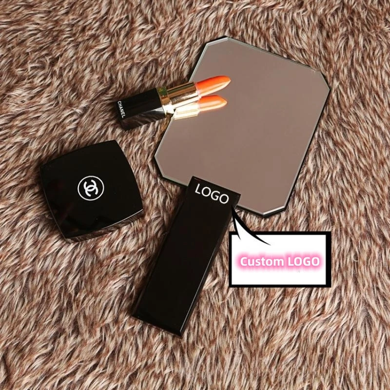 Custom Logo Small Mini Hand Held with Led Light Makeup Mirror Travel Folding Cosmetic Hand Compact Pocket Mirror Silver Round