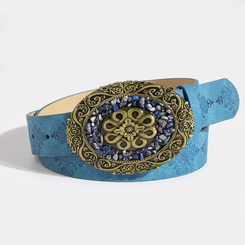 Hot Sale Turquoise Belt Buckle Blue Leather Printed Belt Adjustable Fashion Belts For Ladies
