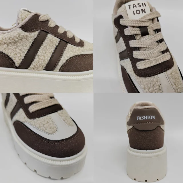 Wholesales New Products Thick Sole Sneakers Fur PU Warm Lining Flat Casual Walking Shoes