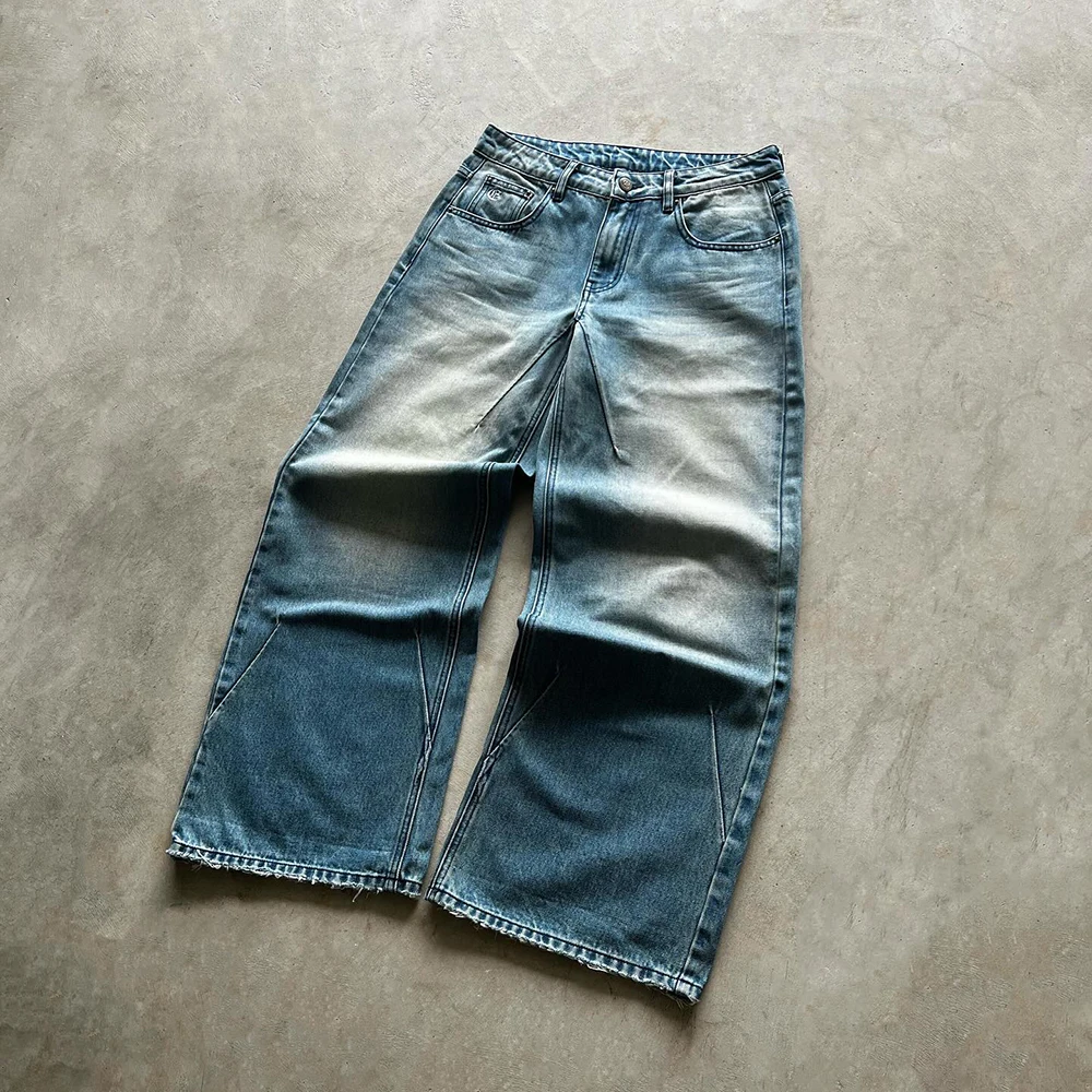 Custom acid wash vintage denim pants heavyweight cotton streetwear flare homme distressed men baggy jeans men