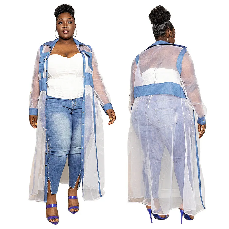 
2021 new arrival plus size women plus size Loose splicing long gauze see through spring coat  (1600207241701)