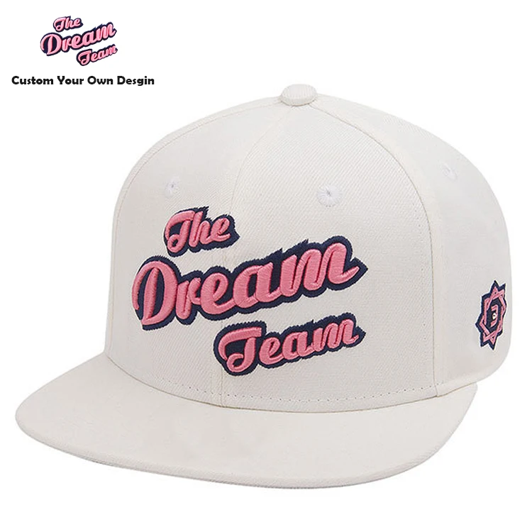 Customize Brand 3D Embroidery Logo White Sports Flatbrim Hat Snapback Cap