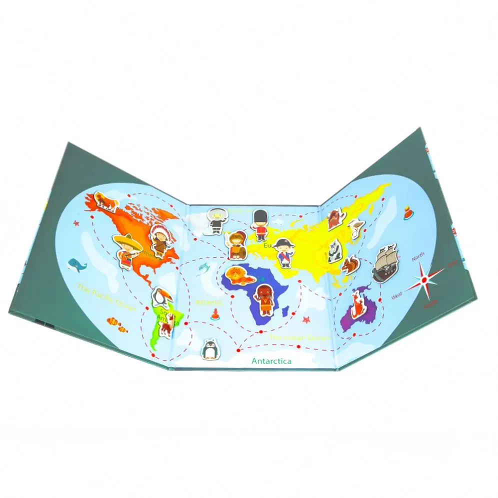 Low moq folding wild animals world map magnetic puzzle book kids