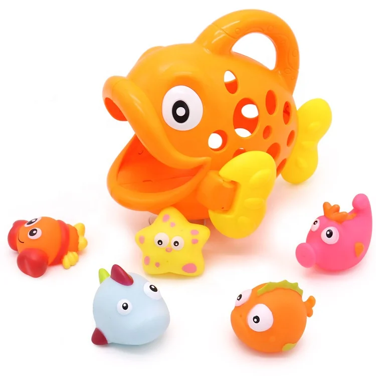 Educational Toy Baby Plastic Soft Rubber Water Spray Fish Organizer Bath Toy Storage