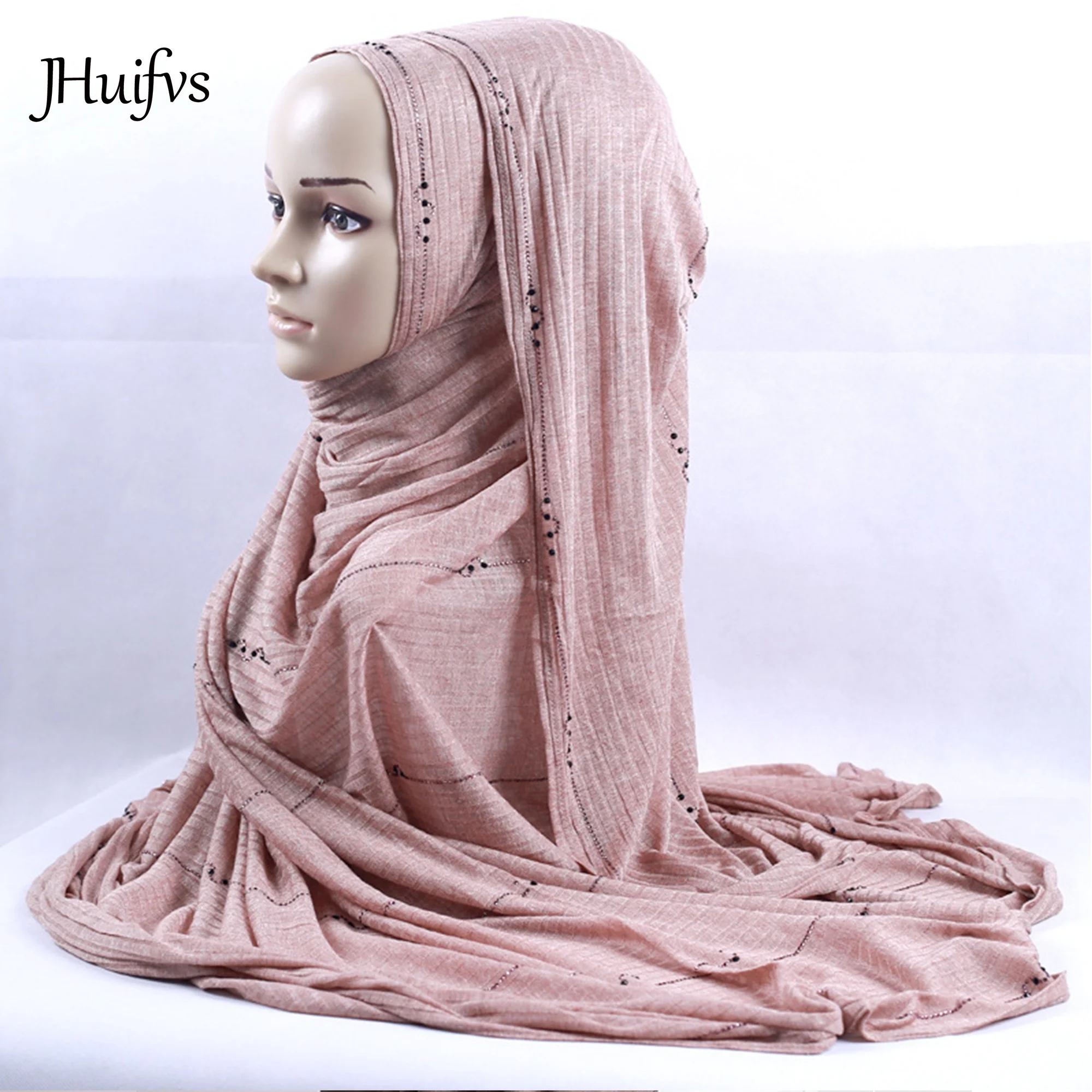 2020 New Stylish Stripe Knitted Dubai KASHKHA Scarf Embellished Hijab Sparkling Rhinestone Maxi Shawl For Muslim Women