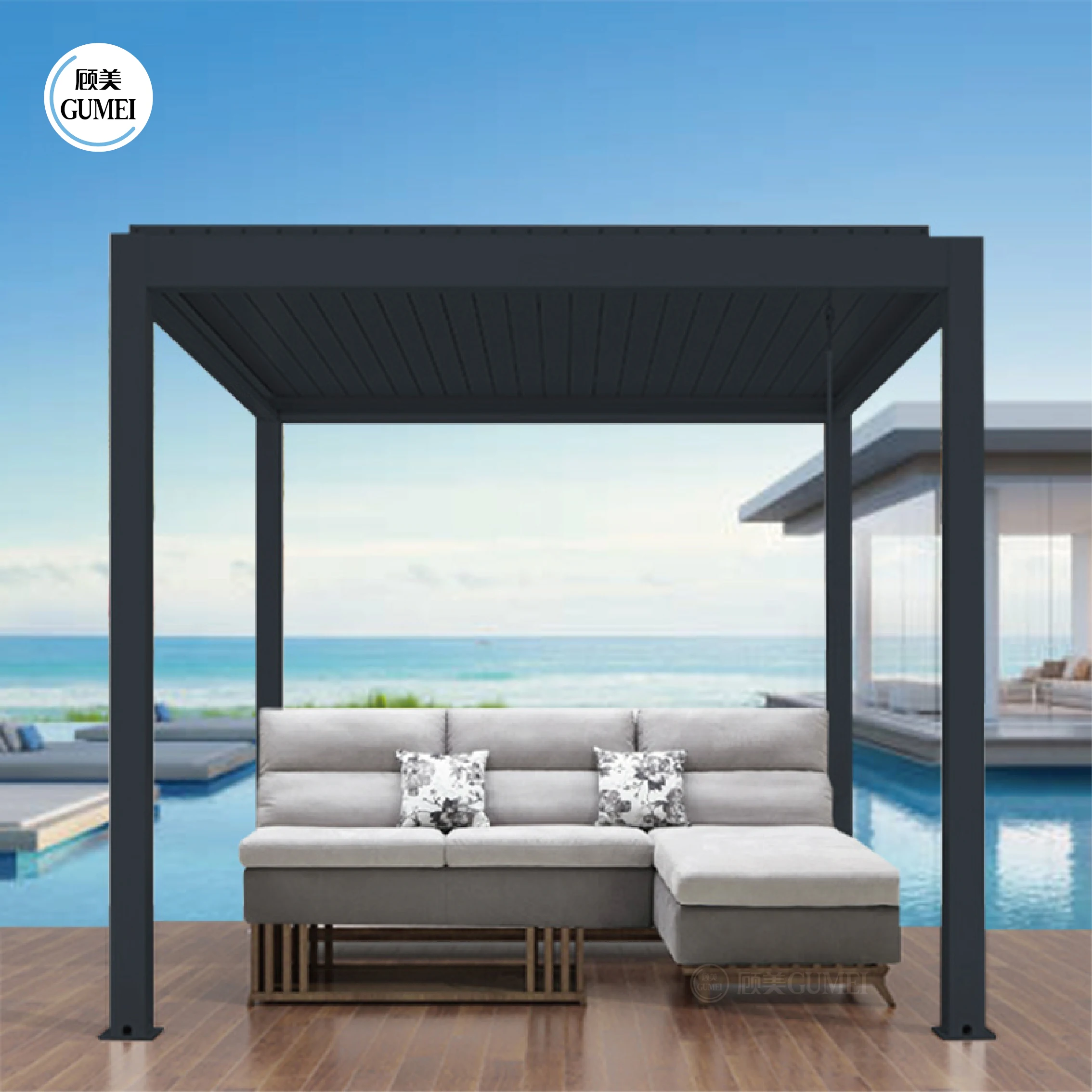 GumeiTec Garden Patio Louvred Roof Free Standing Design Automatic Pergola Covers Aluminium Deck Gazebo