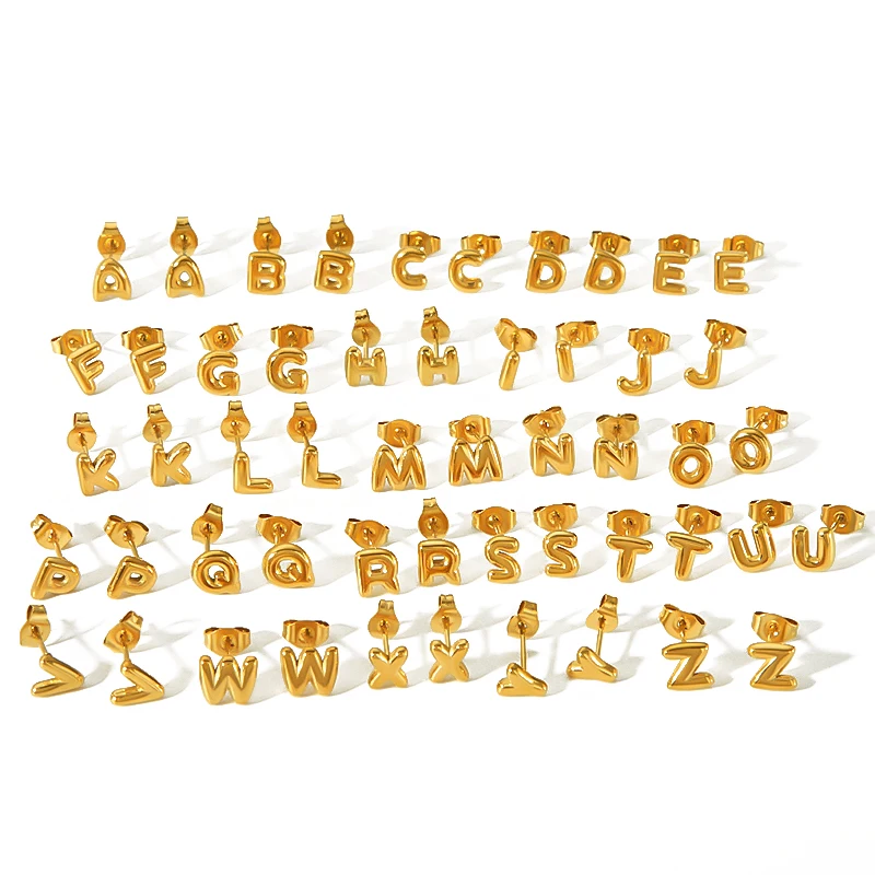 Fashion Minimalist 18k Gold Plated 26 Initials Bubble Earrings Waterproof Stainless Steel Letter Charm Stud Earrings Jewelry