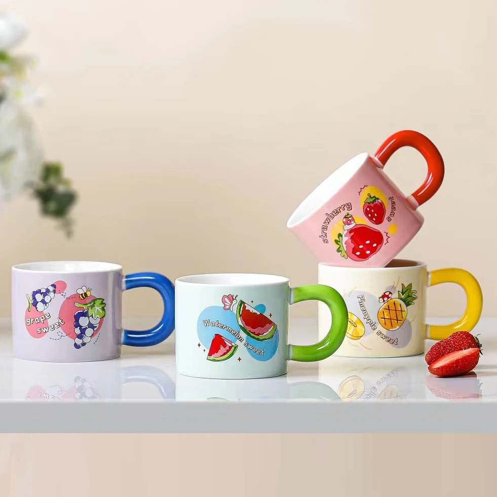 Hot Selling Ins Style Girl Cute fruit Creative Mug 320ml Ceramic Coffee Cup With Fat Handle Customizable Logo