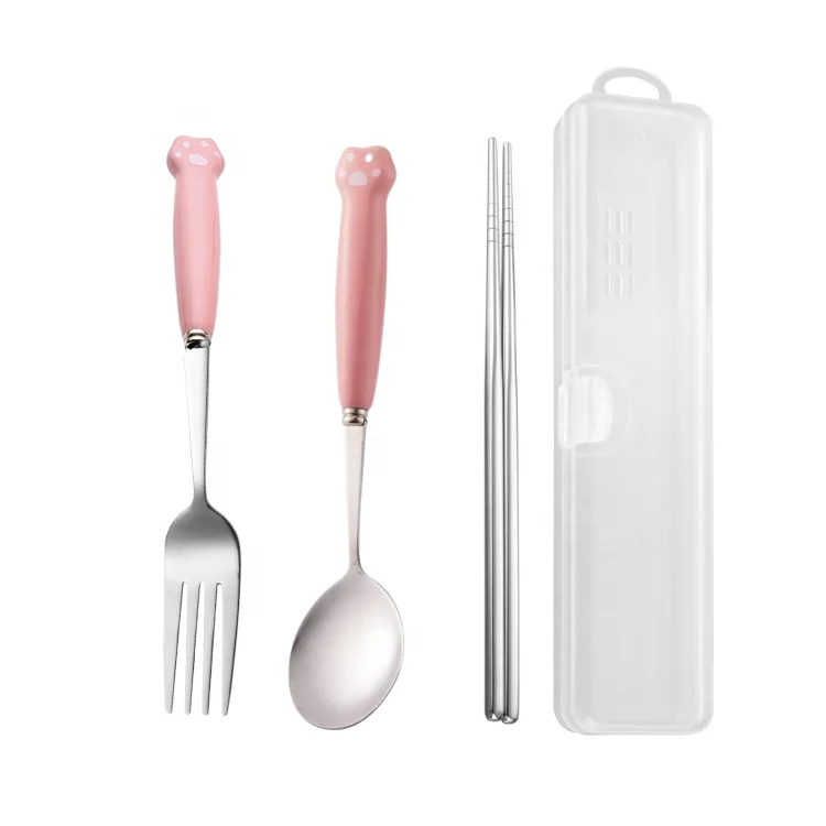 Set of 4 Pastry Forks Spoon of Cute Ceramic Handle Stainless Steel Children Chopsticks Spoon Portable Tableware Set