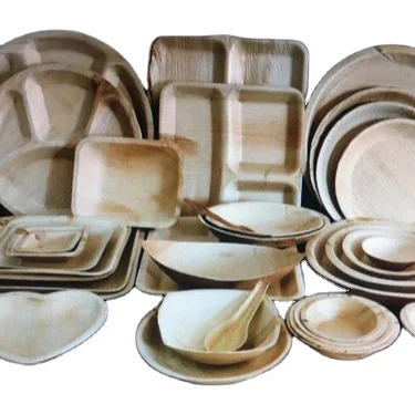 
bio degradable natural fallen arecanut palm leaf plate bowl cup tray from India 