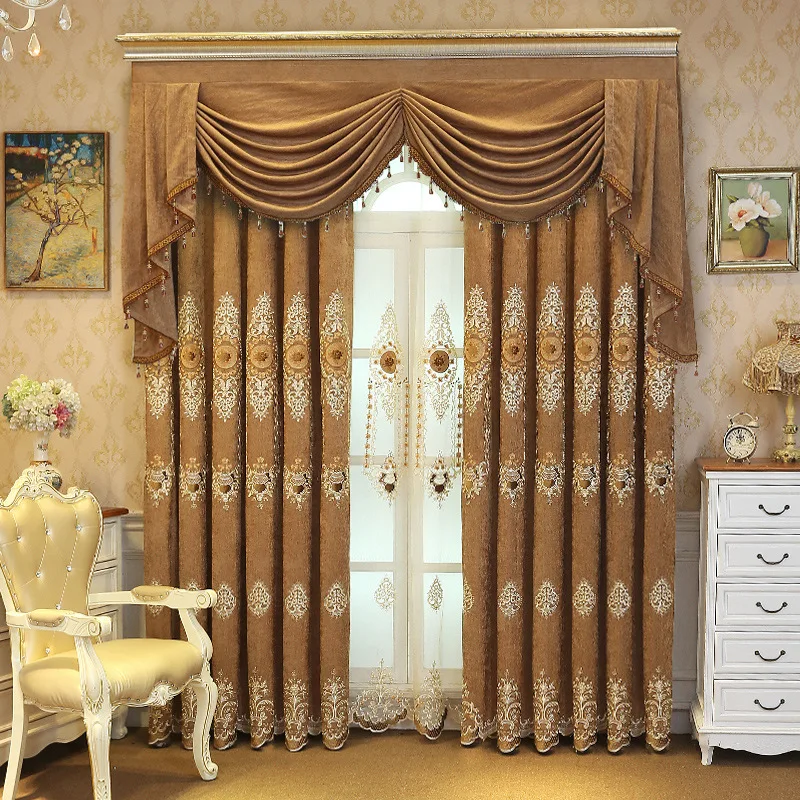 Hot Selling European Style Luxury Curtains for Living Dining Room Bedroom Blue Chenille Embroidered Curtains Valances