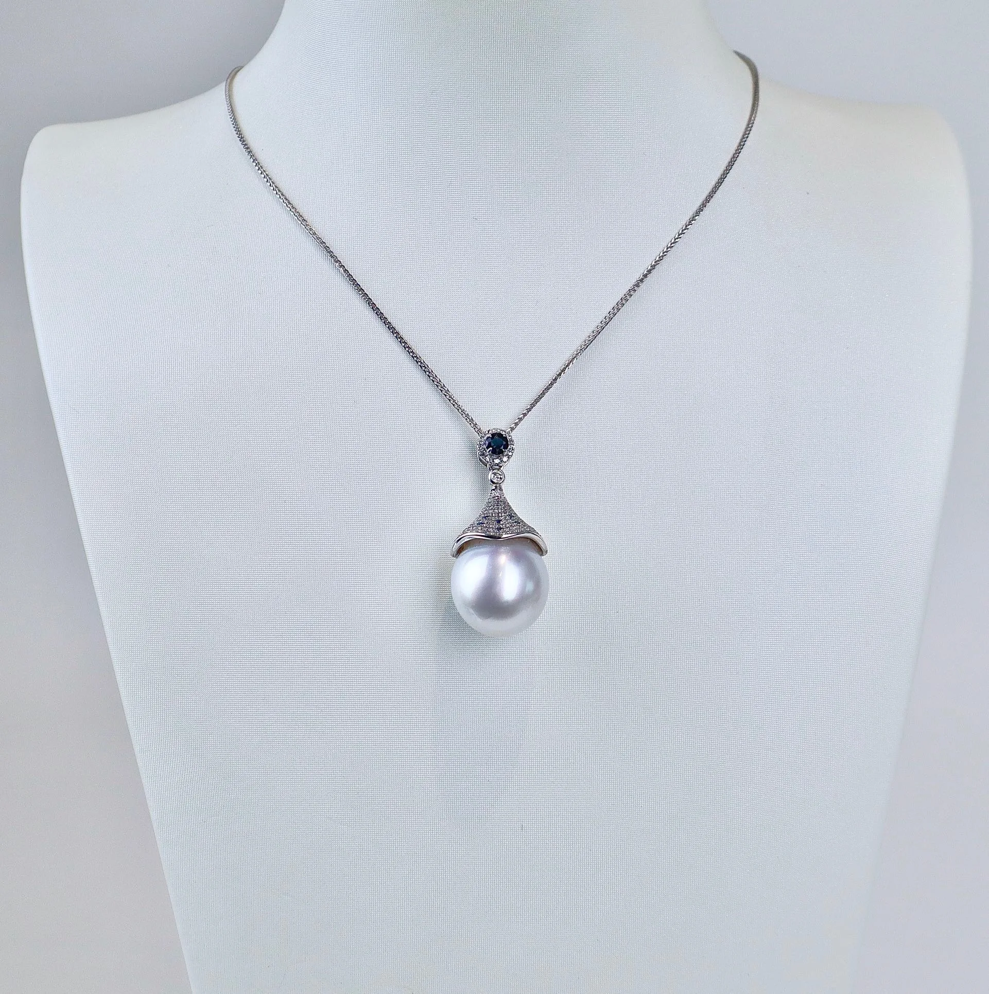 Lucy 18K Gold White South Sea Pearl Necklace with Diamonds Sapphire & Skeleton Australia Pearl Pendant 13-14mm